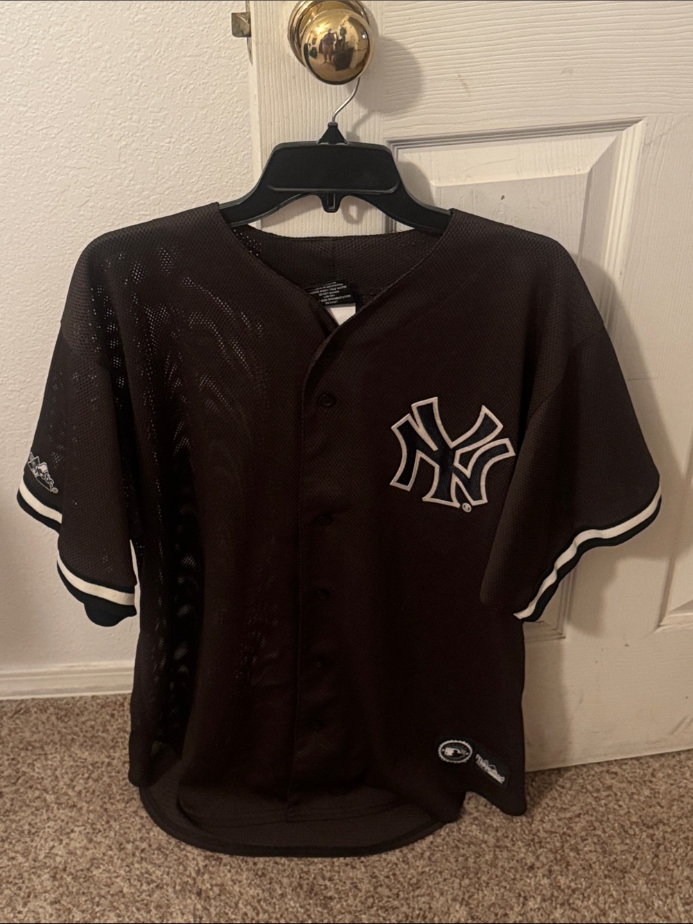 Vintage Majestic Button Down Brown Mesh New York Yankees Jersey with White Trim